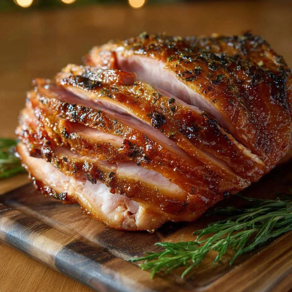 Sliced Brown Sugar Glazed Easter Ham with Glaze & Mustard Sauce